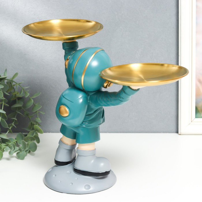 Сувенир полистоун подставка "Космонавт в бирюзовом с двумя блюдами" 14х26,5х32 см 9036262