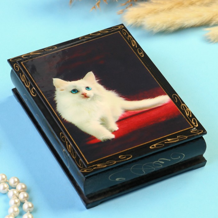 Шкатулка "Белый котенок" 10×14 см, черная