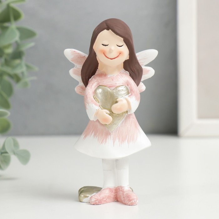 Сувенир полистоун Малышка-ангел в бело-розовом платьице с золотым сердцем 9,5х3,5х5 см сувенир полистоун малышка малыш в розовом наряде с золотым сердцем микс 5 5х4х10 см