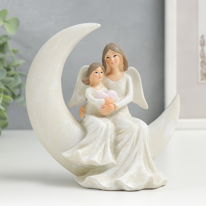 Сувенир полистоун Девушка-ангел на месяце с девочкой, с сердцем 12,5х6х12,5 см