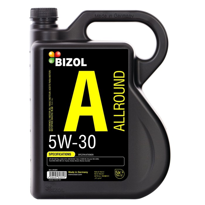 Масло моторное BIZOL Allround 5W-30 SP/SN Plus GF-6A, НС-синтетическое, 5 л моторное масло bizol allround 0w 20 sp gf 6a нс синтетическое 1 л