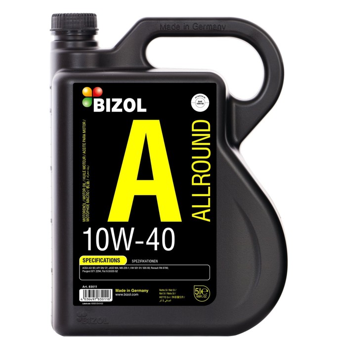 Масло моторное BIZOL Allround 10W-40 SN A3/B4 MA2, НС-синтетическое, 5 л моторное масло bizol allround 0w 40 sn a3 b4 синтетическое 1 л