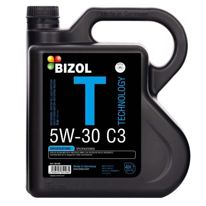 Моторное масло BIZOL Technology 5W-30 SN C3, синтетическое, 4 л моторное масло bizol technology 5w 30 507 sm c3 нс синтетическое 60 л