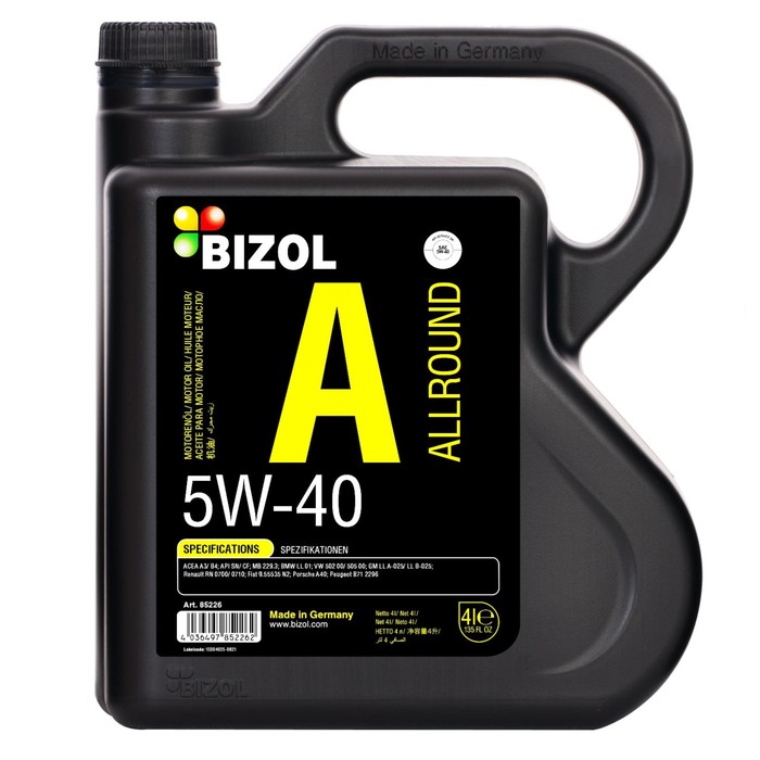Моторное масло BIZOL Allround 5W-40 SN A3/B4, НС-синтетическое, 4 л