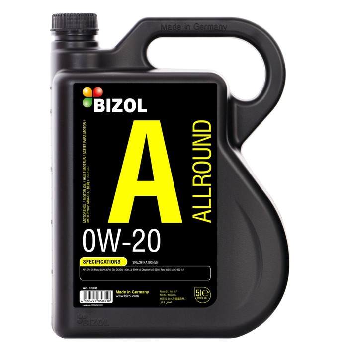 Моторное масло BIZOL Allround 0W-20 SP GF-6A, НС-синтетическое, 5 л масло моторное bizol allround 5w 20 нс синтетическое 1 л