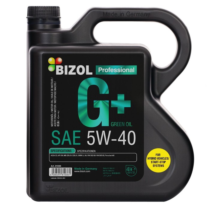 Масло моторное BIZOL Green Oil+ 5W-40 SN C3, НС-синтетическое, 4 л масло моторное bizol technology 5w 30 sn c3 синтетическое 1 л