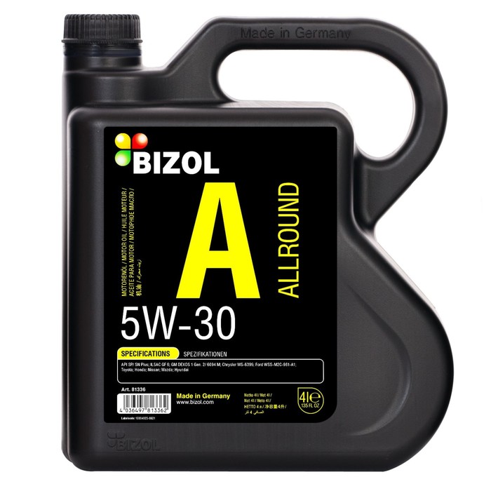 Масло моторное BIZOL Allround 5W-30 SP/SN Plus GF-6A, НС-синтетическое, 4 л моторное масло bizol allround 0w 20 sp gf 6a нс синтетическое 5 л