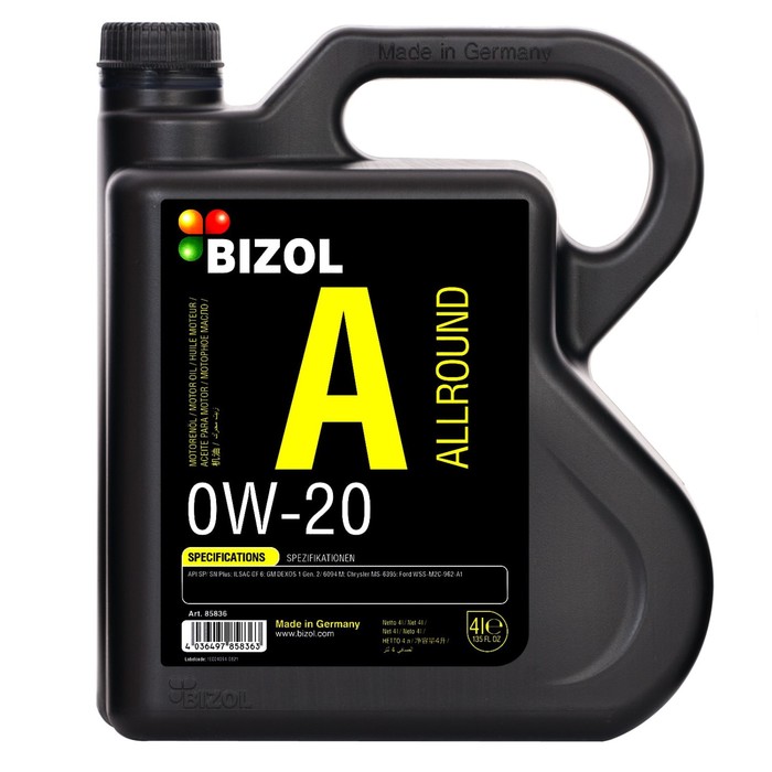 Моторное масло BIZOL Allround 0W-20 SP GF-6A, НС-синтетическое, 4 л моторное масло bizol allround 0w 20 sp gf 6a нс синтетическое 4 л