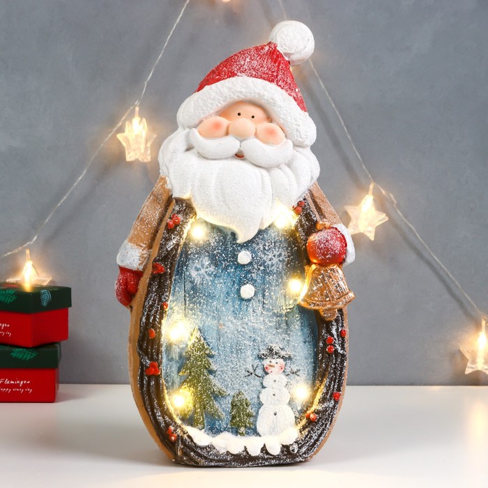 Сувенир керамика свет Дед Мороз с колокольчиком и зимней картиной на кафтане 41х22х10 см сувенир керамика дед мороз в кафтане с красным мешком цветной 18 3х6 5х8 1 см
