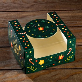 Коробка под бенто-торт с окном "Новогодняя изумрудная", 14 х 14 х 8 см