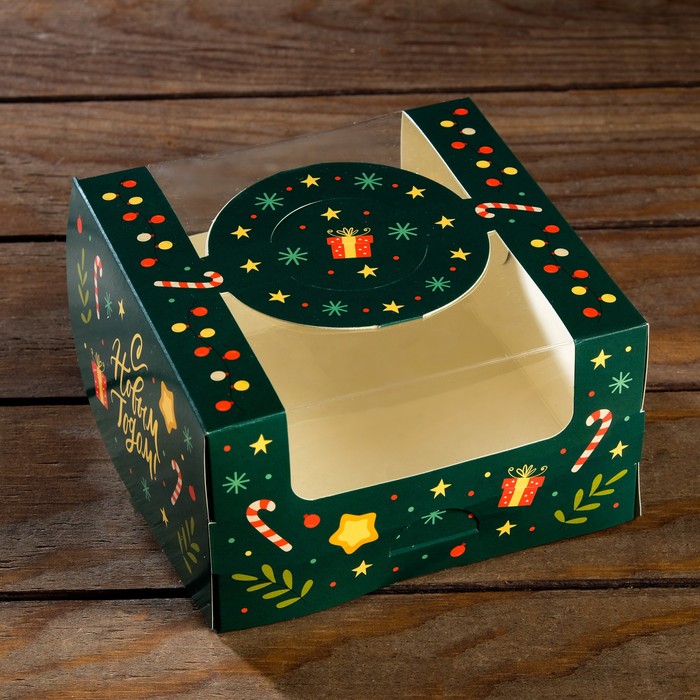 Коробка под бенто-торт с окном Новогодняя изумрудная, 14 х 14 х 8 см