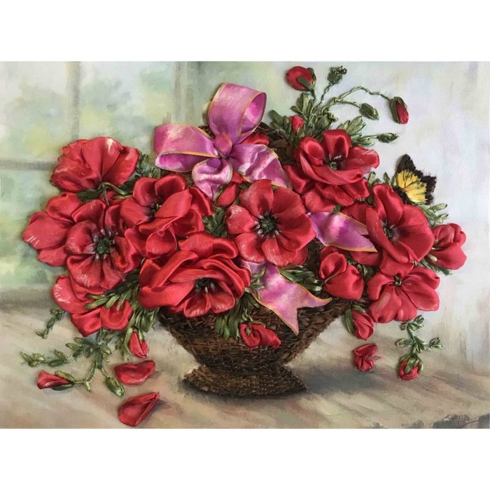 Набор для вышивания лентами «Маки в вазе», 25 × 36 см набор для вышивания лентами 27 × 35 см розы в голубой вазе