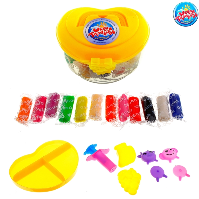 Тесто для лепки, 12 цветов по 19 гр. + 7 предметов, цвета МИКС