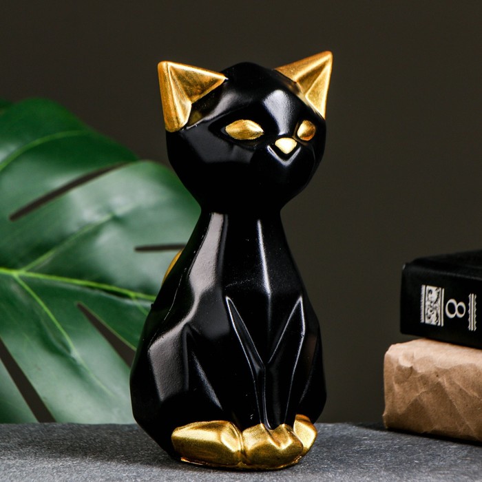 копилка гипсовая кошка черная 18 х 8 см Копилка Кошка геометрическая черная/золото, 19см
