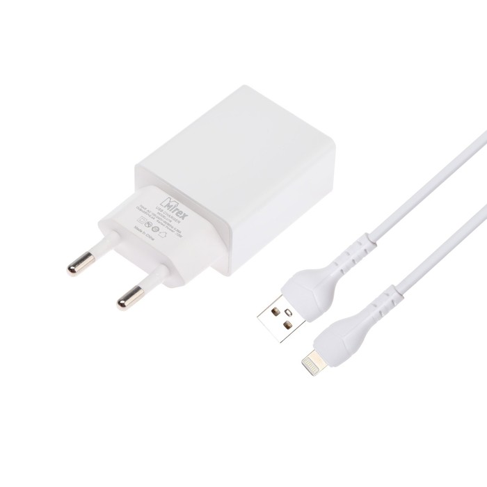Сетевое зарядное устройство Mirex U16i, USB, 2.4 А, кабель Lightning, 1 м, белое сетевое зарядное устройство mirex u16i usb 2 4 а кабель lightning 1 м черное