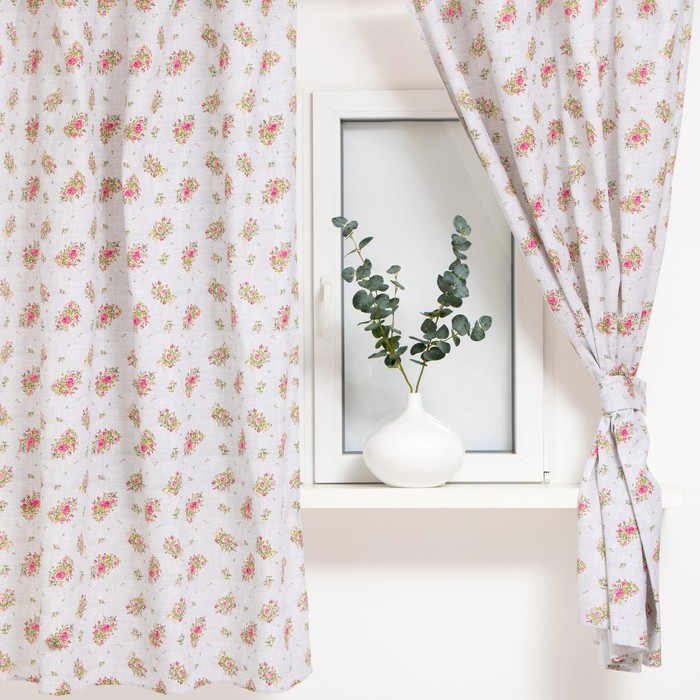 фото Шторы для кухни доляна roses on linen 150х180 см - 2 шт, подхваты - 2 шт, 100% хл, 164 г/м2