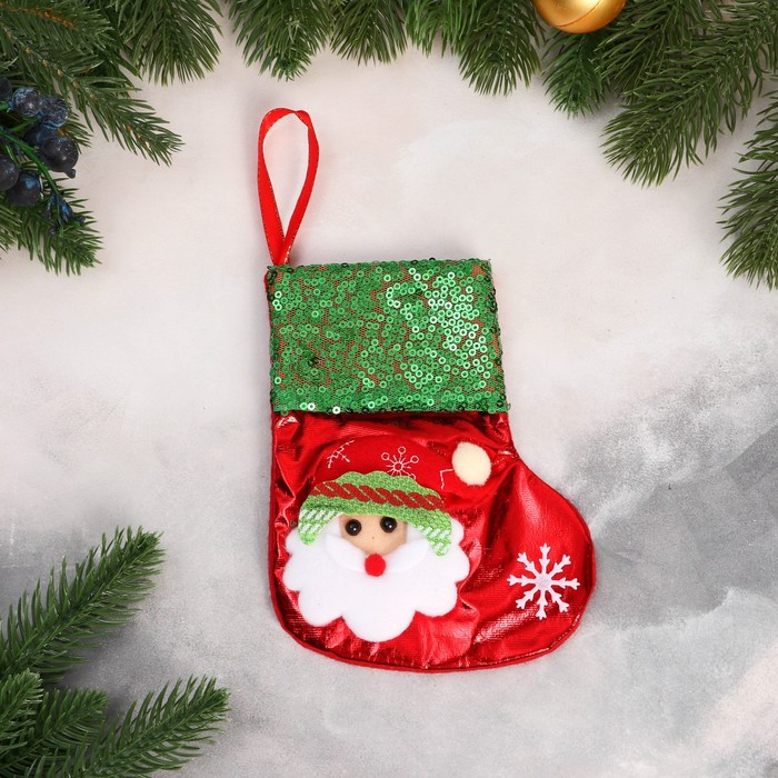 Носок для подарков Дед Мороз блеск, снежинка 13х16 см, красно-зелёный