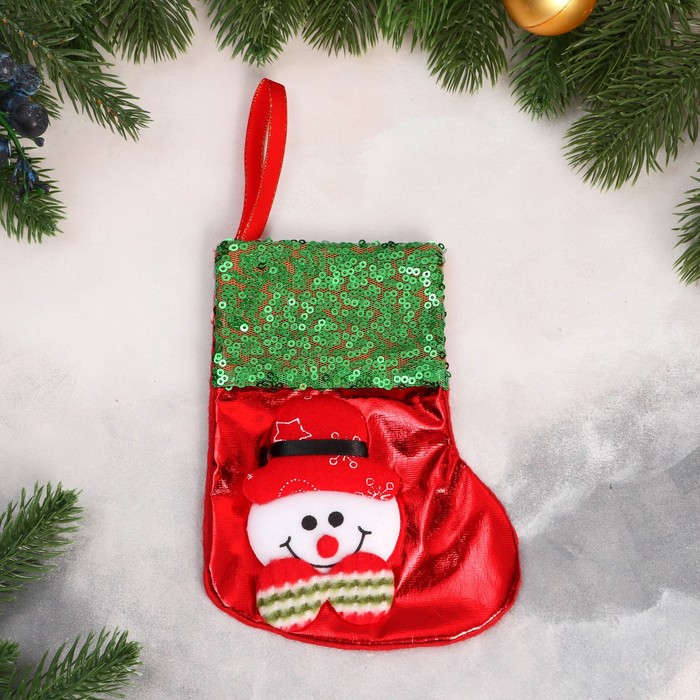 Носок для подарков Снеговик блеск, снежинка 13х16 см, красно-зелёный