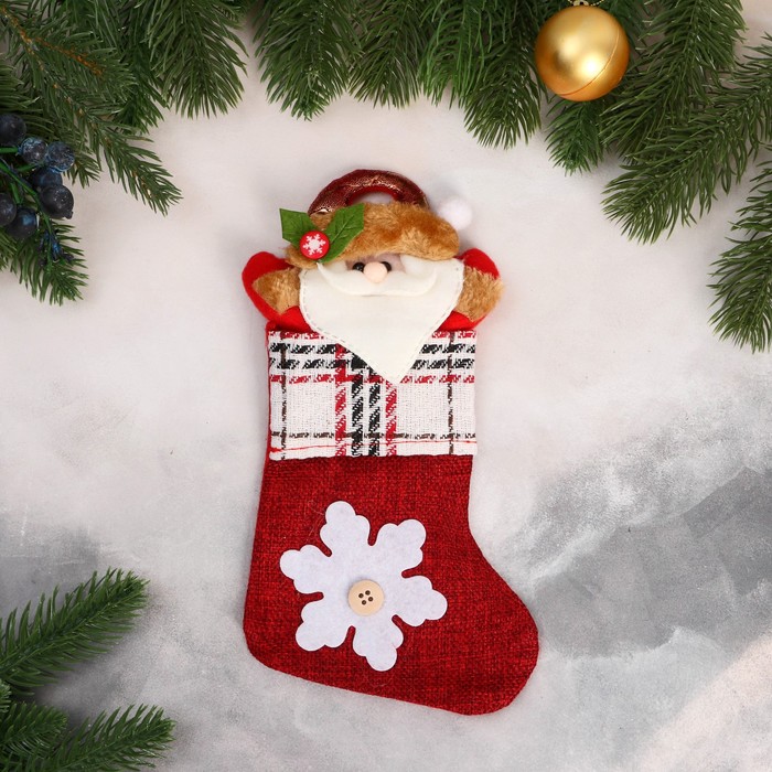 носок для подарков дед мороз блеск снежинка 13х16 см красно зелёный Носок для подарков Дед Мороз и снежинка с пуговкой 12х24 см, красный
