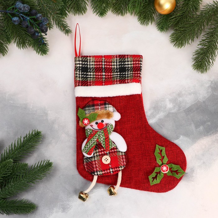 Носок для подарков Снеговик с длинными ножками 19х25 см, красный