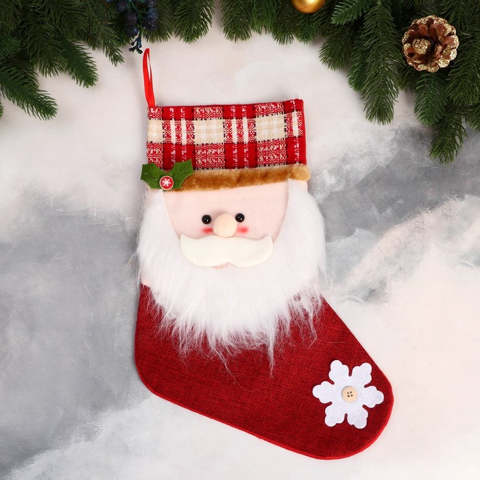 Носок для подарков Дед Мороз с румяными щечками 25х36 см, красный