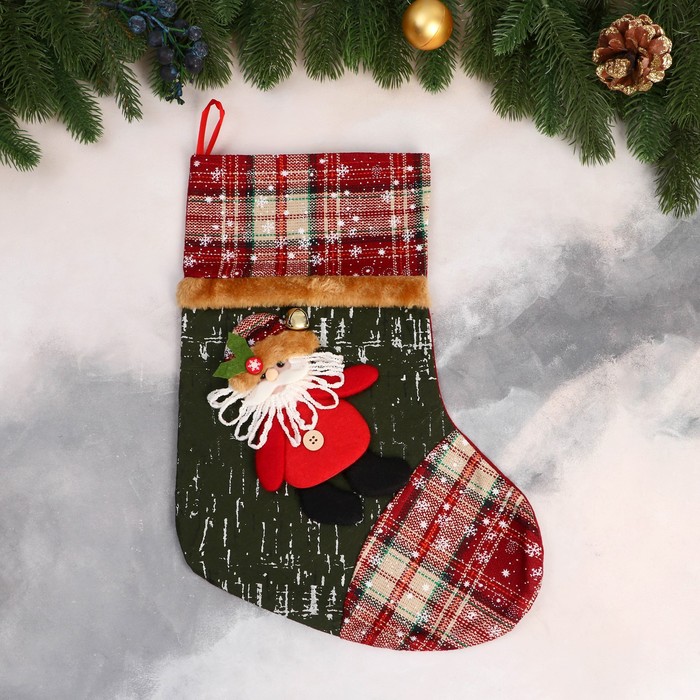 Носок для подарков Дед Мороз, клетка 26х36 см, красно-зелёный