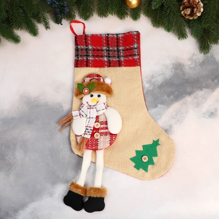 Носок для подарков Снеговик с длинными ножками, ёлочка 26х39 см, бежевый