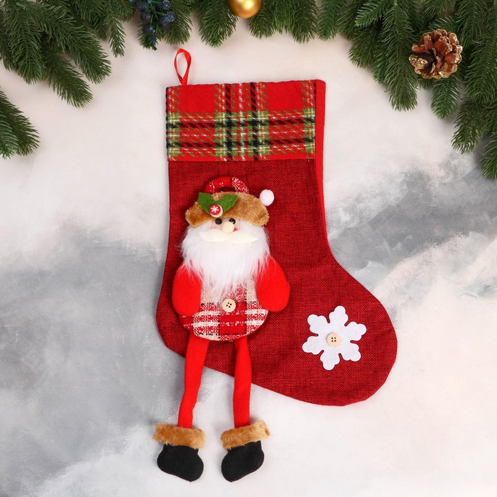 носок для подарков дед мороз блеск снежинка 13х16 см красно зелёный Носок для подарков Дед Мороз с длинными ножками, снежинка 26х39 см, красный