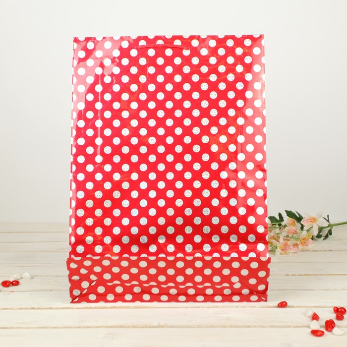 Пакет голографический "Горох на красном", 32 х 10 х 45 см