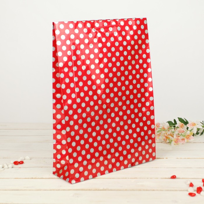 Пакет голографический "Горох на красном", 32 х 10 х 45 см