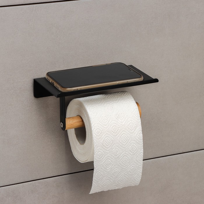 Держатель для туалетной бумаги BAMBOO с полочкой 18х9.7х7.5 см, цвет черный