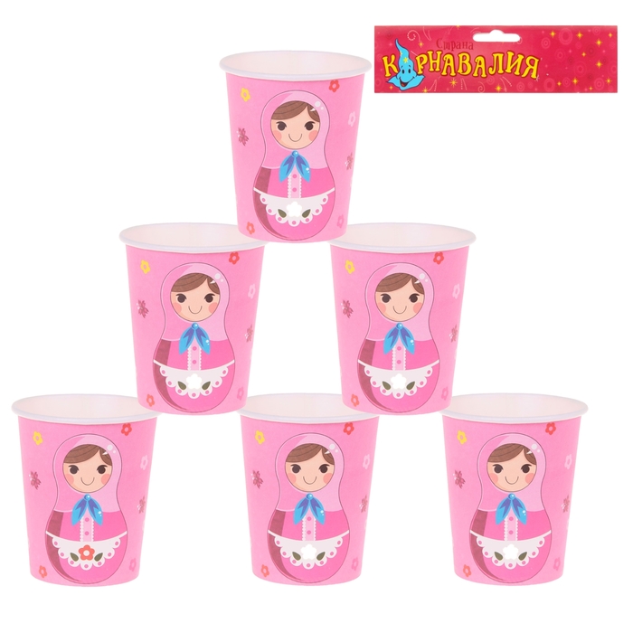 Бумажные стаканы "Матрёшка", набор 6 шт., 220 мл, цвет розовый