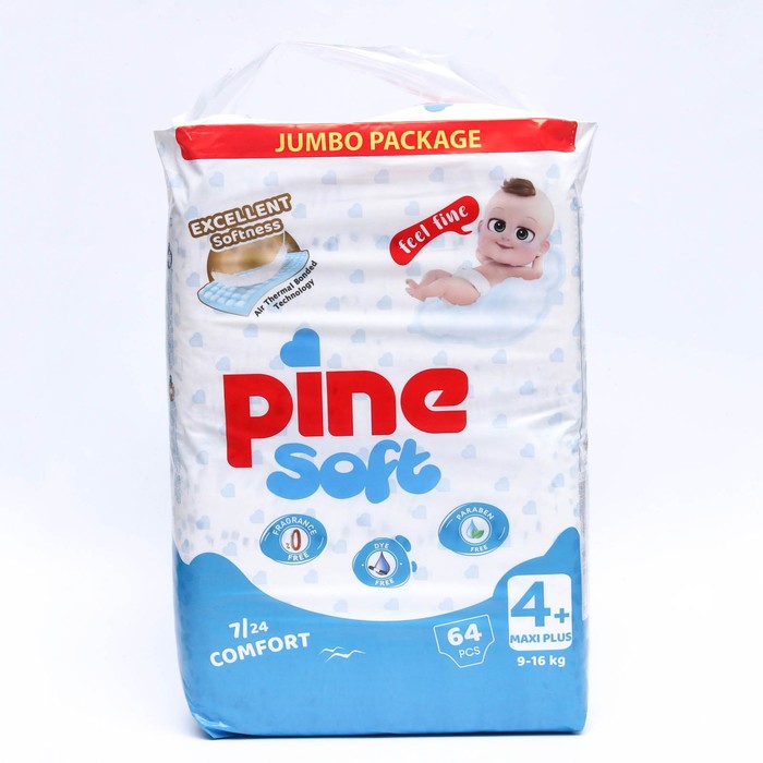 Подгузники детские Pine Soft 4+ Maxi Plus (9-16 kg), 64 шт