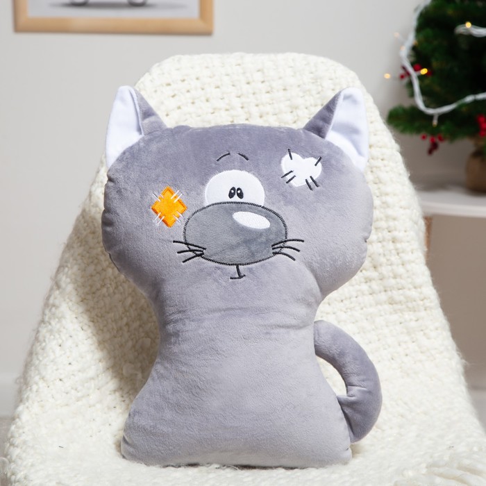 фото Подушка декоративная кот с заплаткой 31х39см, серый, плюш, холофайбер гранд-стиль