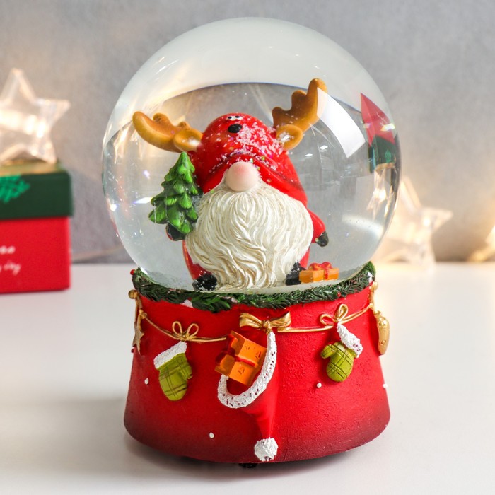 Сувенир полистоун водяной шар музыка Дед Морозик с оленьими рожками 11,5х11,5х14 см