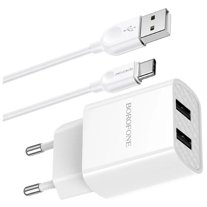 

Сетевое зарядное устройство Borofone BA53A, 2xUSB, 2.1 А, кабель Type-C, белое