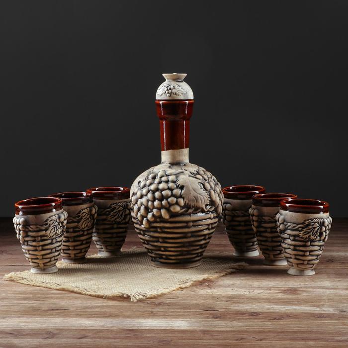 фото Набор для вина "плетенка", 7 предметов, штоф 1,35 л керамика ручной работы