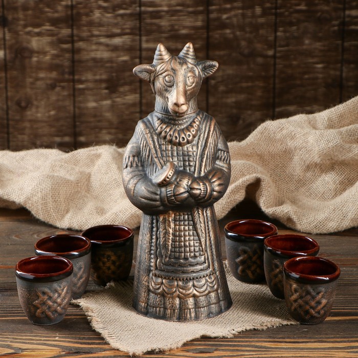 Штоф с рюмками "Коза в платье" 7 предметов, 0,7 л, бронза