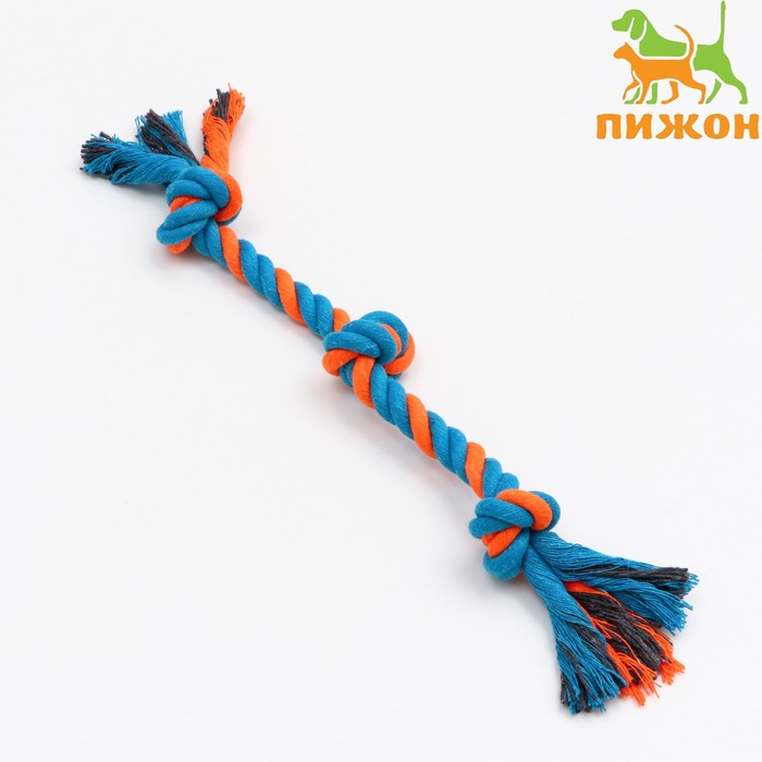 Игрушка тренировочная канатная 3 узла, до 33 см, до 55 г, голубая/оранжевая игрушка канатная веревка ф16 2 узла до 20 см