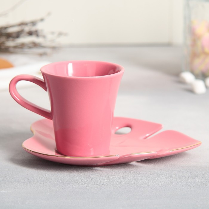 Чайная пара «Розовая монстера», кружка 100 мл, блюдце 15х14 см чайная пара luzerne розовая 170 мл