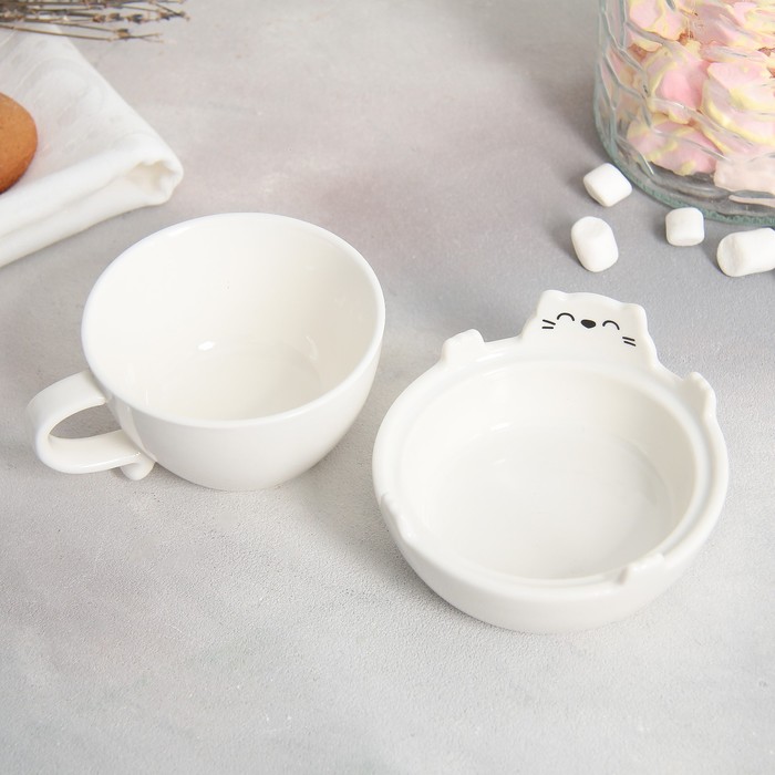 Набор керамический для чаепития «Белый кот», кружка 150 мл, миска 10х3 см, цвет белый