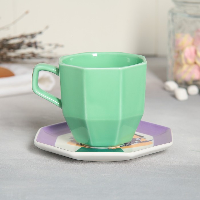 Чайная пара керамическая «Лаванда», кружка 200 мл, блюдце 13 см, цвет зелёный чайная пара керамическая аура чашка 200 мл блюдце d 13 см цвет бежевый