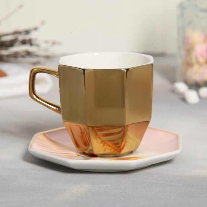 Чайная пара керамическая «Венера», кружка 200 мл, блюдце 13 см, цвет золотистый чайная пара керамическая гелакси чашка 200 мл блюдце d 13 см цвет оранжевый