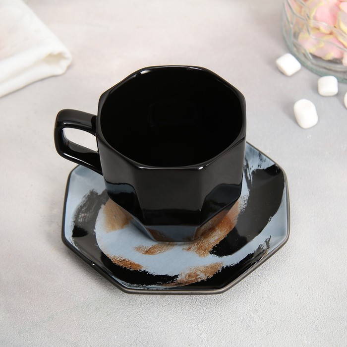 Чайная пара керамическая Art, кружка 200 мл, блюдце 13 см, цвет чёрный чайная пара керамическая аура чашка 200 мл блюдце d 13 см цвет бежевый