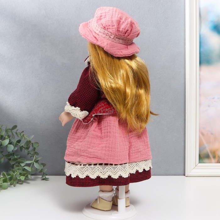 Кукла коллекционная керамика "Нина в розовом платье и бордовом жакете" 40 см
