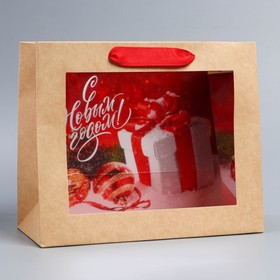 Пакет крафтовый с пластиковым окном «Новогодний подарок», 24 х 20 х 11см, Новый год
