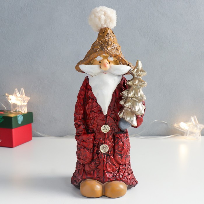 Сувенир полистоун Дед Мороз в красном пальто с золотой ёлочкой 9,5х9,5х22,5 см