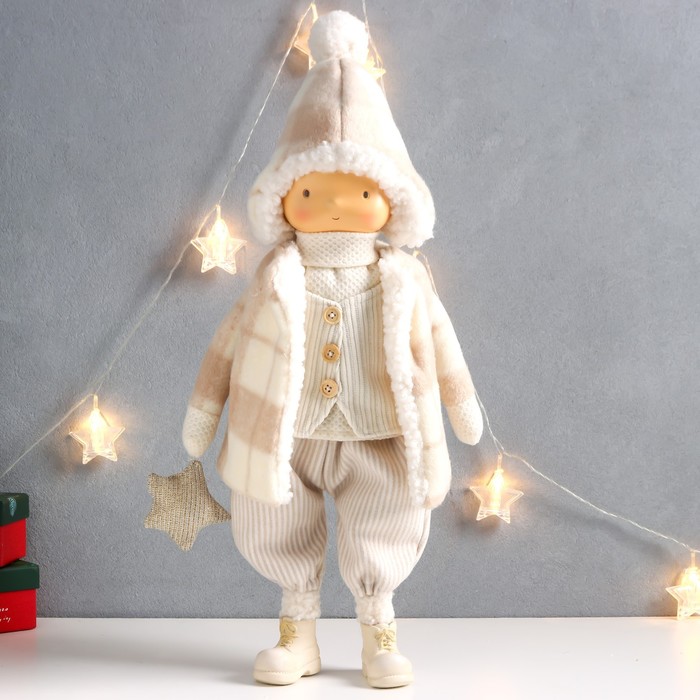 фото Кукла интерьерная "мальчик в клетчатом пальто и шапке со звёздочкой" 22х14х57 см