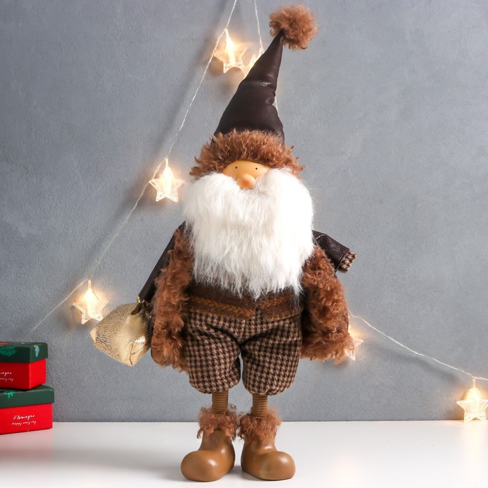 Кукла интерьерная Дед Мороз в коричневой шубке с мешком подарков 27х14х62 см