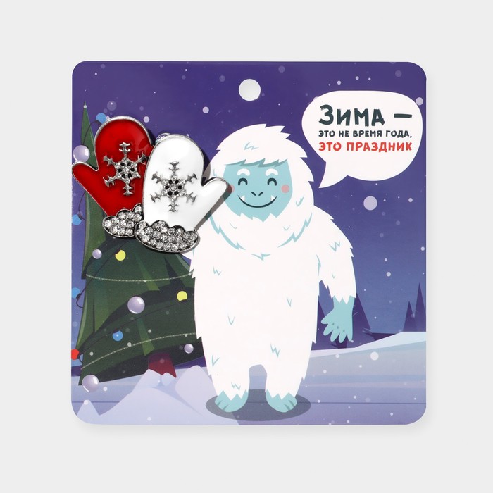 фото Брошь новогодняя "варежки" со снежинками, цвет красно-белый в чернёном серебре queen fair